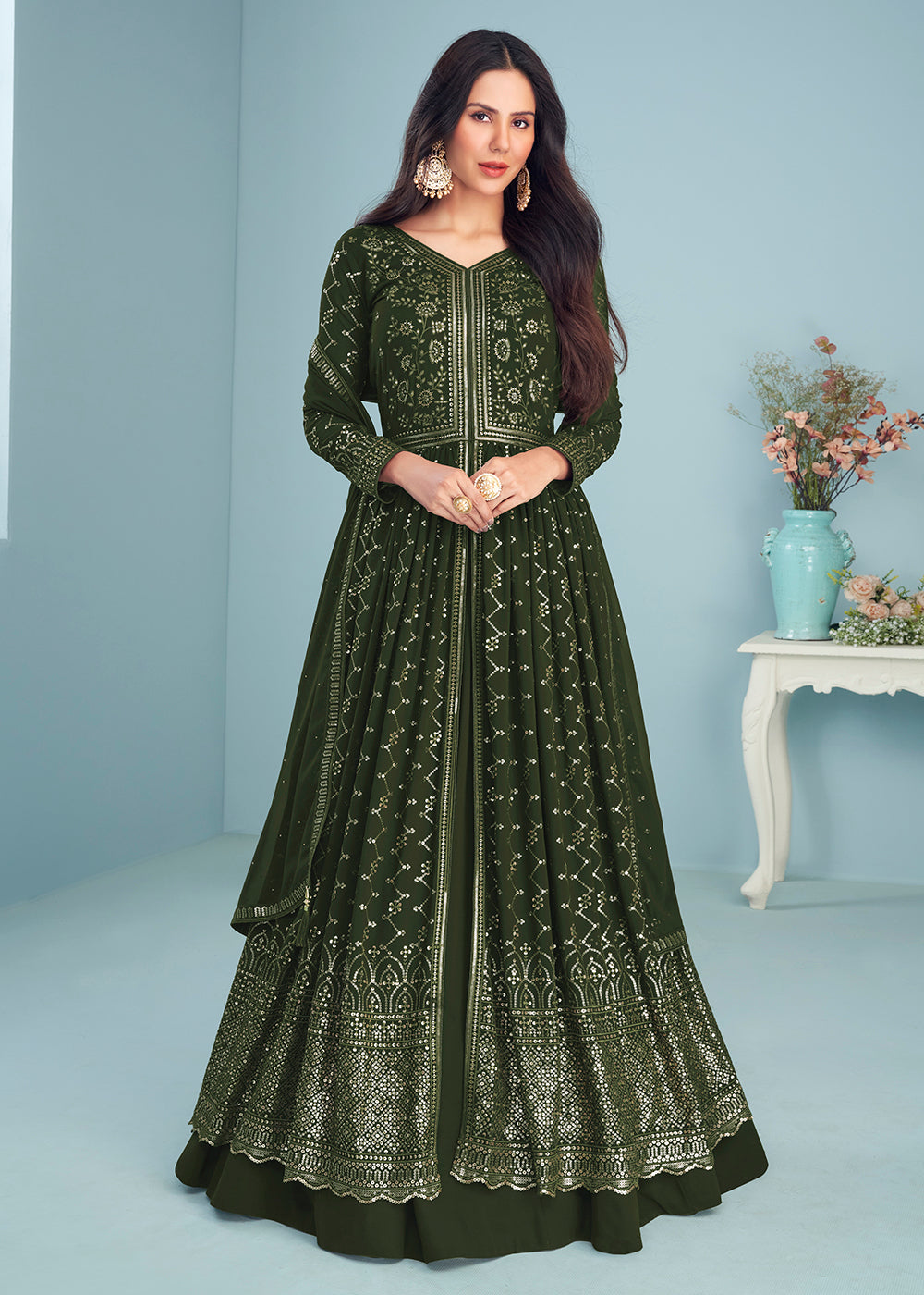 Buy Now Mahendi Green Wedding Wear Designer Anarkali Suit Online in USA, UK, Australia, New Zealand, Canada & Worldwide at Empress Clothing.