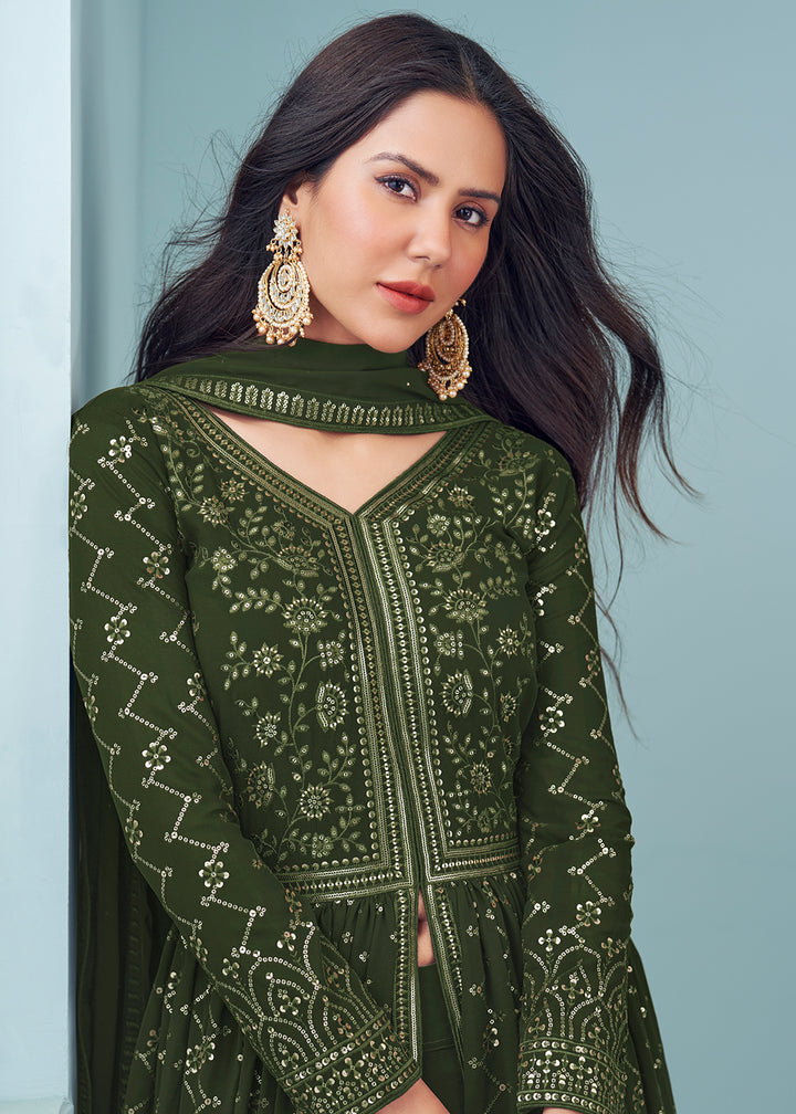Buy Now Mahendi Green Wedding Wear Designer Anarkali Suit Online in USA, UK, Australia, New Zealand, Canada & Worldwide at Empress Clothing.