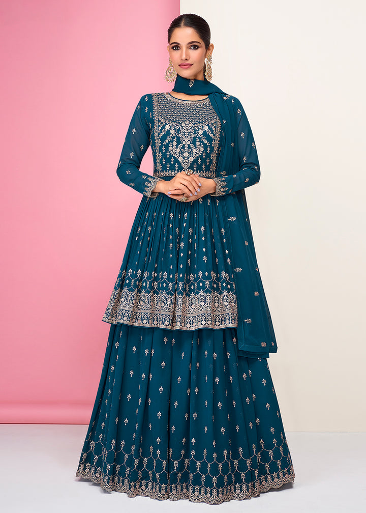 Buy Now Peacock Blue Sharara Top Style Lehenga Anarkali Online in USA, UK, Australia, New Zealand, Canada & Worldwide at Empress Clothing.