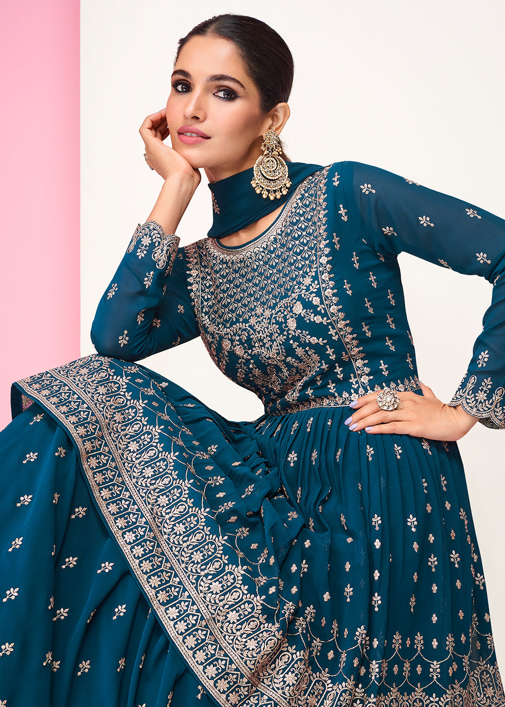 Buy Now Peacock Blue Sharara Top Style Lehenga Anarkali Online in USA, UK, Australia, New Zealand, Canada & Worldwide at Empress Clothing.