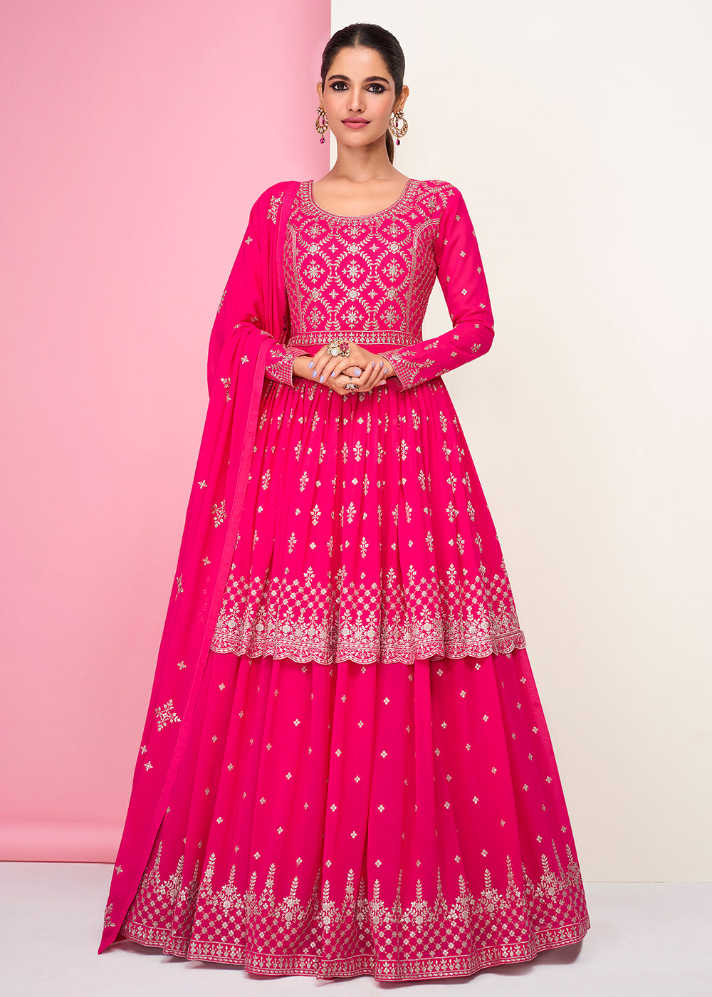 Buy Now Incredible Pink Sharara Top Style Lehenga Anarkali Online in USA, UK, Australia, New Zealand, Canada & Worldwide at Empress Clothing.