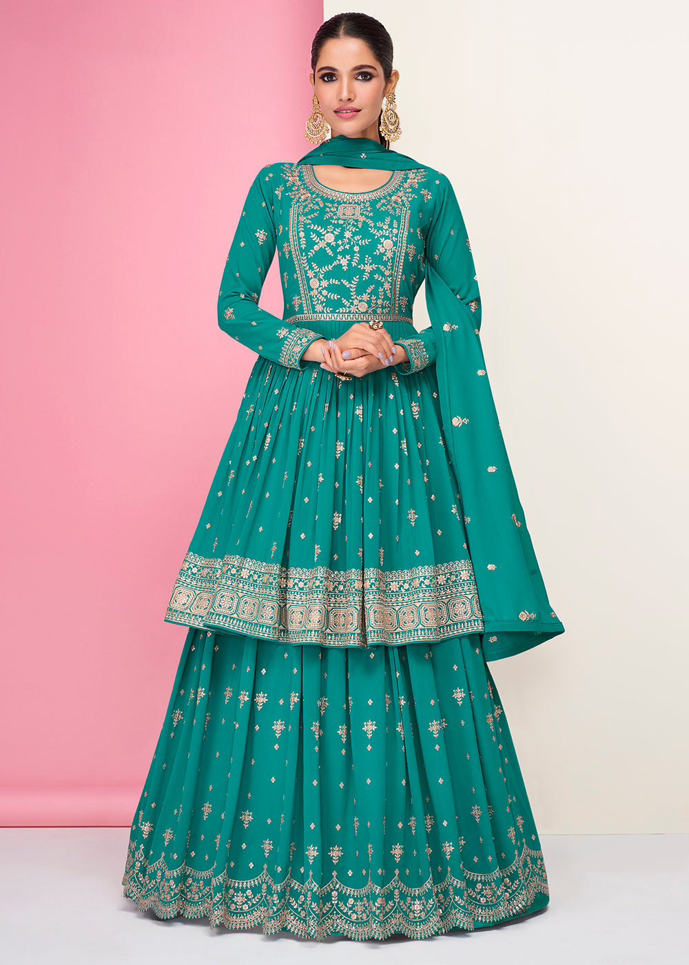Buy Now Pretty Turquoise Sharara Top Style Lehenga Anarkali Online in USA, UK, Australia, New Zealand, Canada & Worldwide at Empress Clothing. 