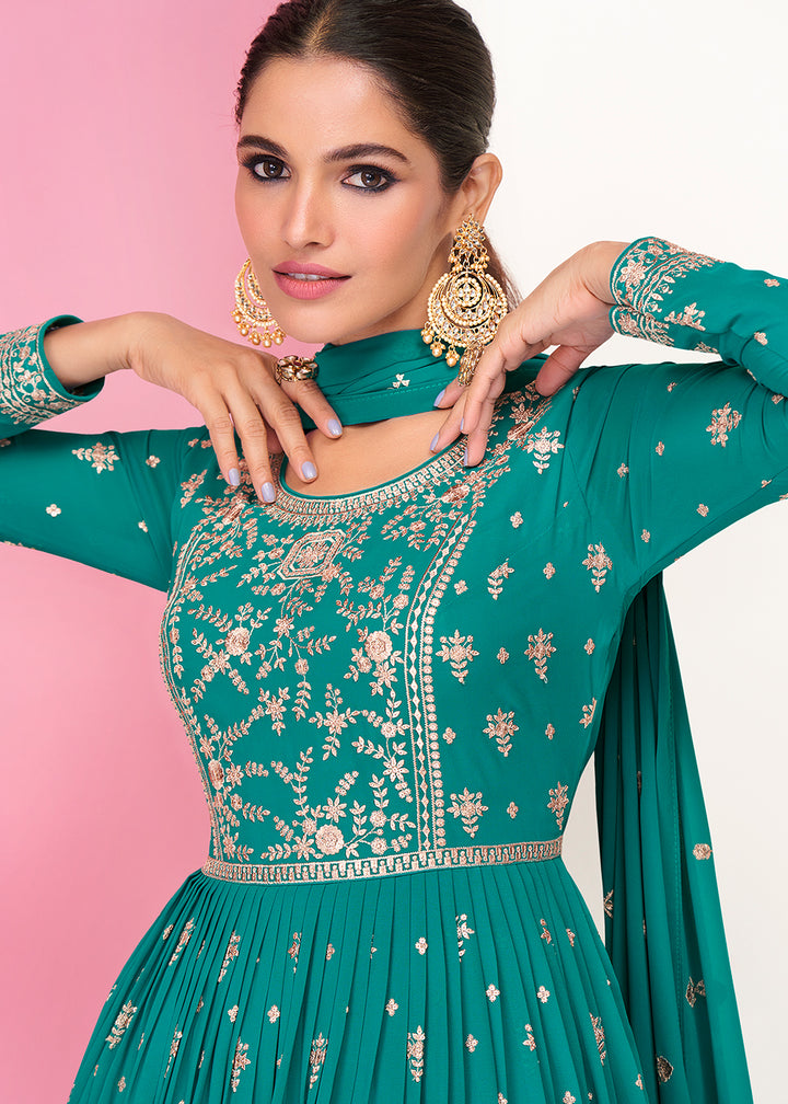 Buy Now Pretty Turquoise Sharara Top Style Lehenga Anarkali Online in USA, UK, Australia, New Zealand, Canada & Worldwide at Empress Clothing. 