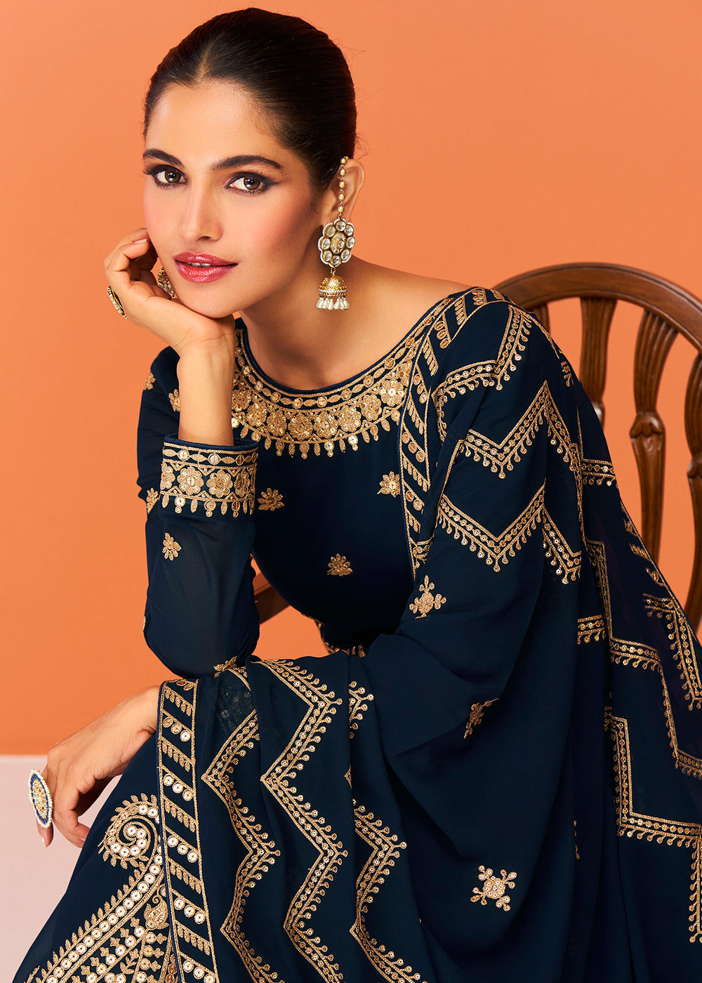 Black Dress Earrings For Anarkali Dress Black Georgette Golden