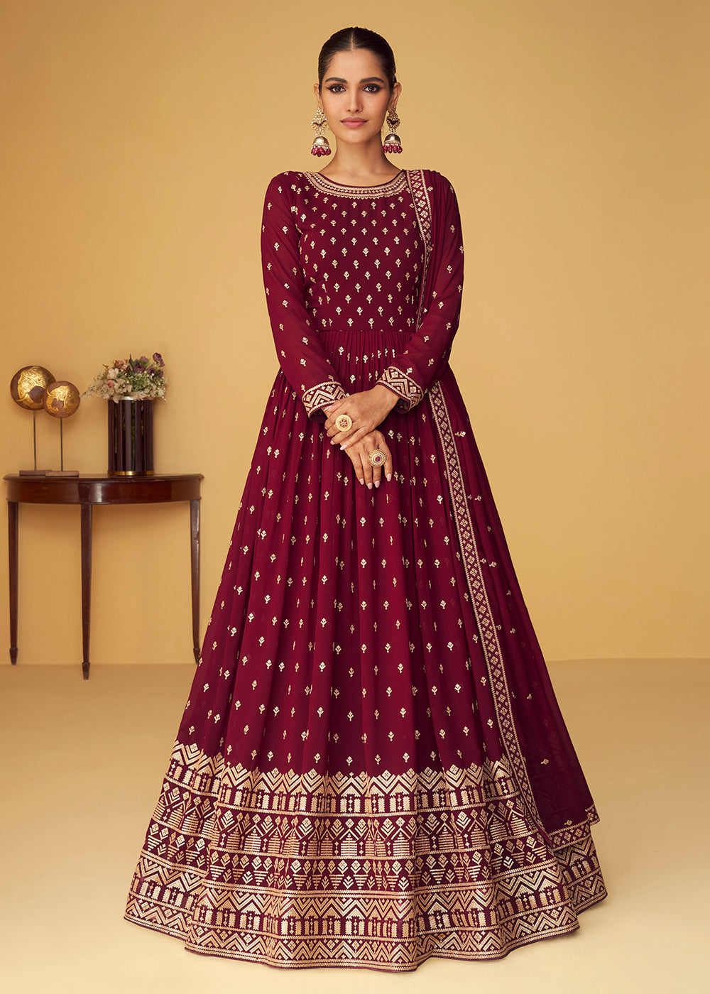 Buy Now Sequins & Thread Real Georgette Maroon Indian Anarkali Suit Online in USA, UK, Australia, New Zealand, Canada & Worldwide at Empress Clothing.