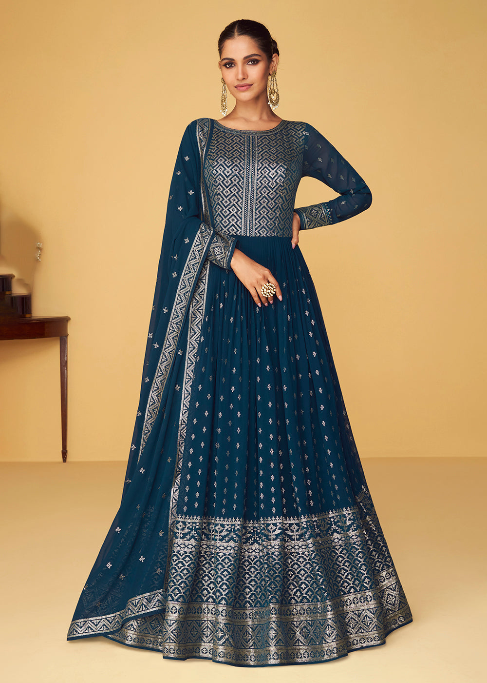 Buy Now Sequins & Thread Real Georgette Blue Indian Anarkali Suit Online in USA, UK, Australia, New Zealand, Canada & Worldwide at Empress Clothing.
