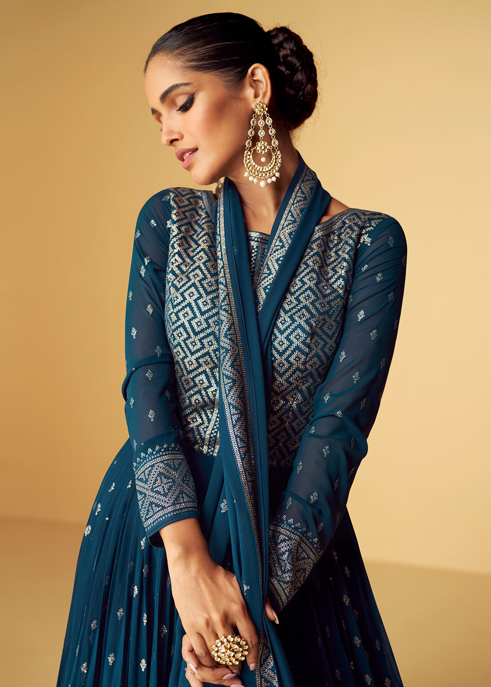 Buy Now Sequins & Thread Real Georgette Blue Indian Anarkali Suit Online in USA, UK, Australia, New Zealand, Canada & Worldwide at Empress Clothing.