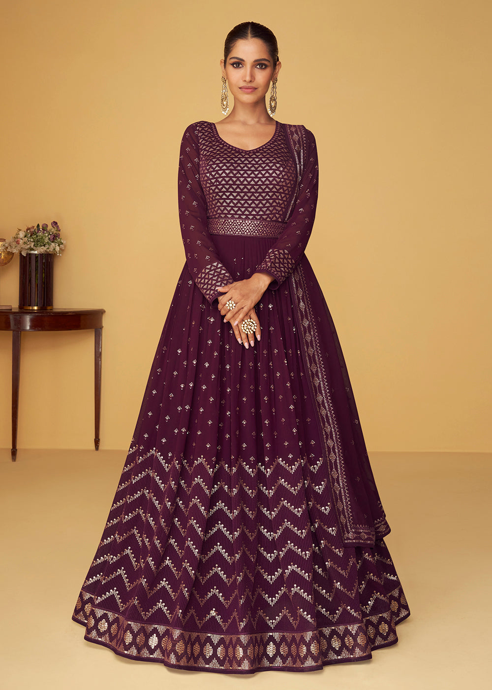 Buy Now Sequins & Thread Real Georgette Purple Indian Anarkali Suit Online in USA, UK, Australia, New Zealand, Canada & Worldwide at Empress Clothing. 