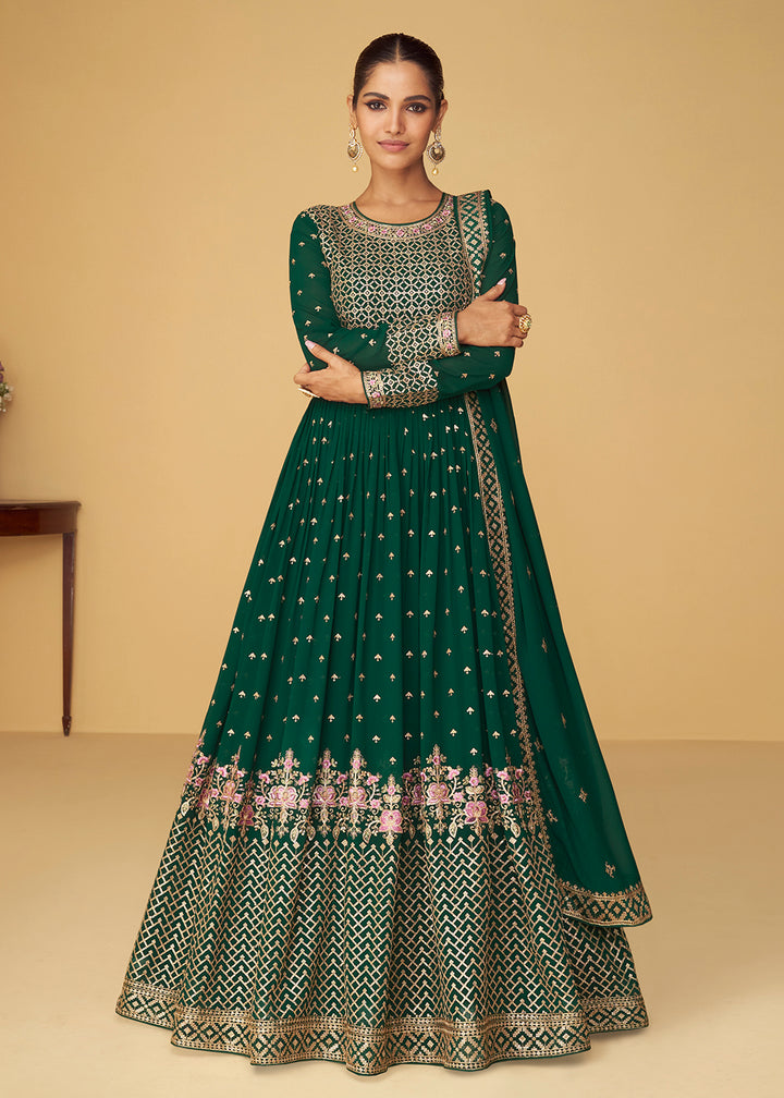 Buy Now Sequins & Thread Real Georgette Green Indian Anarkali Suit Online in USA, UK, Australia, New Zealand, Canada & Worldwide at Empress Clothing.