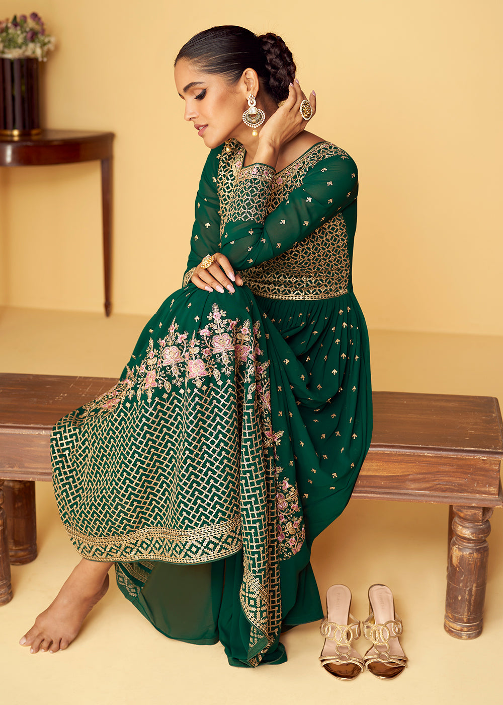 Buy Now Sequins & Thread Real Georgette Green Indian Anarkali Suit Online in USA, UK, Australia, New Zealand, Canada & Worldwide at Empress Clothing.
