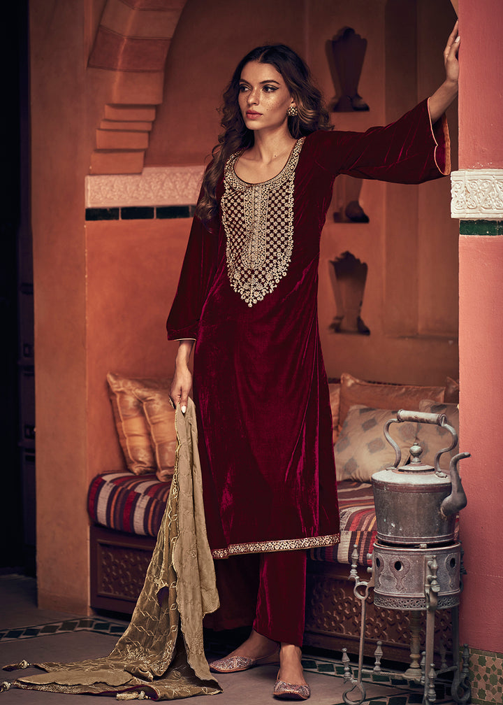 Buy Now Deep Maroon Velvet Embroidered Pant Salwar Suit Online in USA, UK, Canada & Worldwide at Empress Clothing.