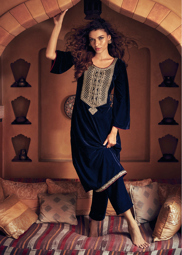 Buy Now Navy Blue Velvet Embroidered Pant Salwar Suit Online in USA, UK, Canada & Worldwide at Empress Clothing.
