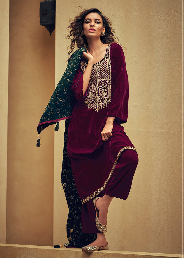 Buy Now Magenta Pink Velvet Embroidered Pant Salwar Suit Online in USA, UK, Canada & Worldwide at Empress Clothing.