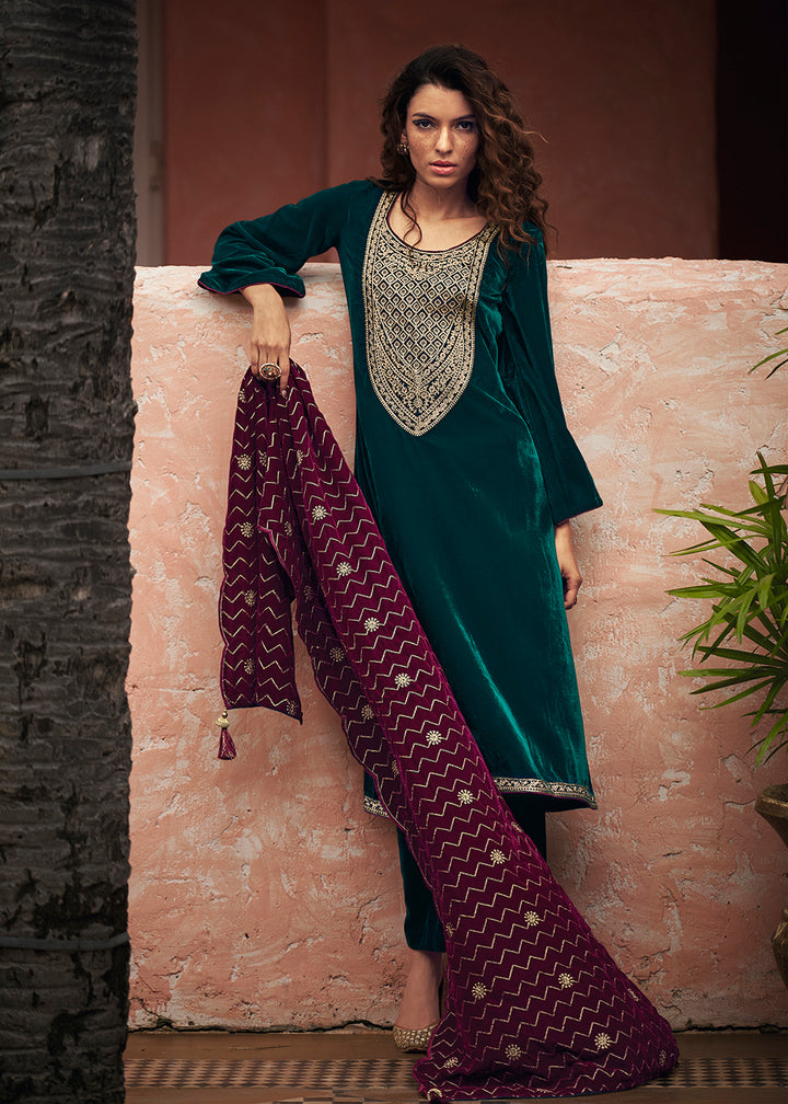Buy Now Teal Green Velvet Embroidered Pant Salwar Suit Online in USA, UK, Canada & Worldwide at Empress Clothing.