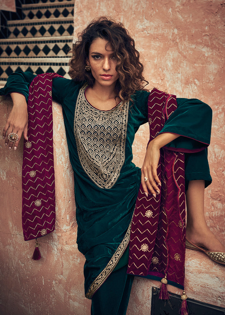 Buy Now Teal Green Velvet Embroidered Pant Salwar Suit Online in USA, UK, Canada & Worldwide at Empress Clothing.