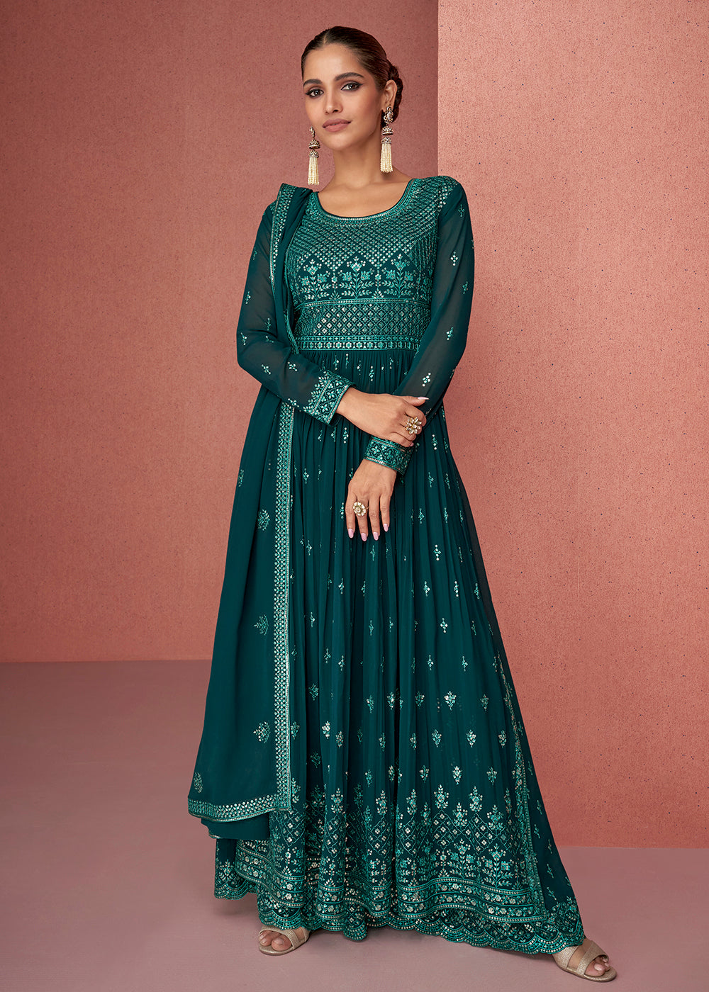 Buy Now Teal Green Anarkali Style Georgette Embellished Palazzo Salwar Suit Online in USA, UK, Canada & Worldwide at Empress Clothing.