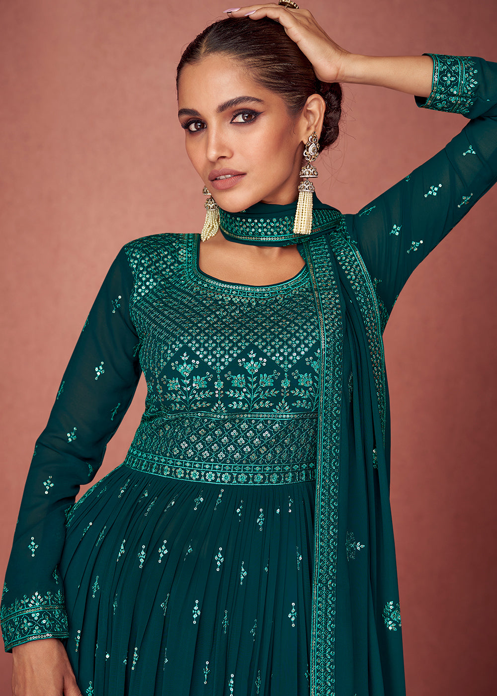 Buy Now Teal Green Anarkali Style Georgette Embellished Palazzo Salwar Suit Online in USA, UK, Canada & Worldwide at Empress Clothing.