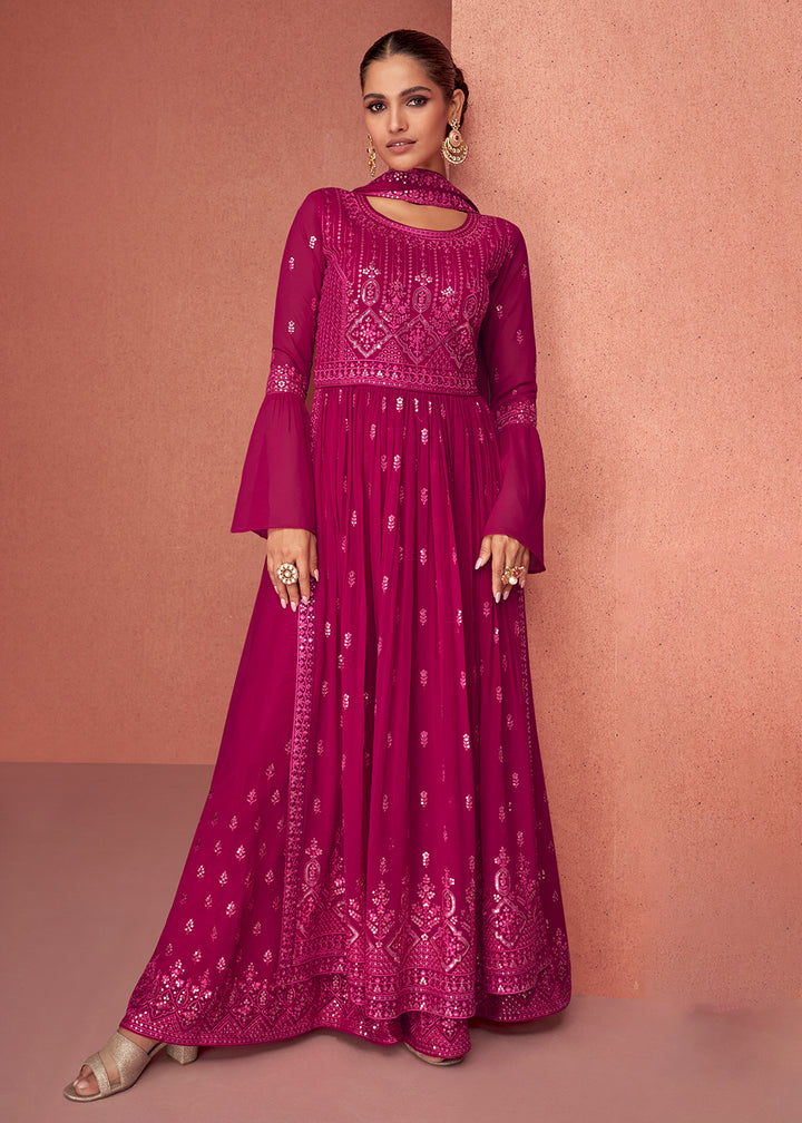 Buy Now Hot Pink Anarkali Style Georgette Embellished Palazzo Salwar Suit Online in USA, UK, Canada & Worldwide at Empress Clothing.
