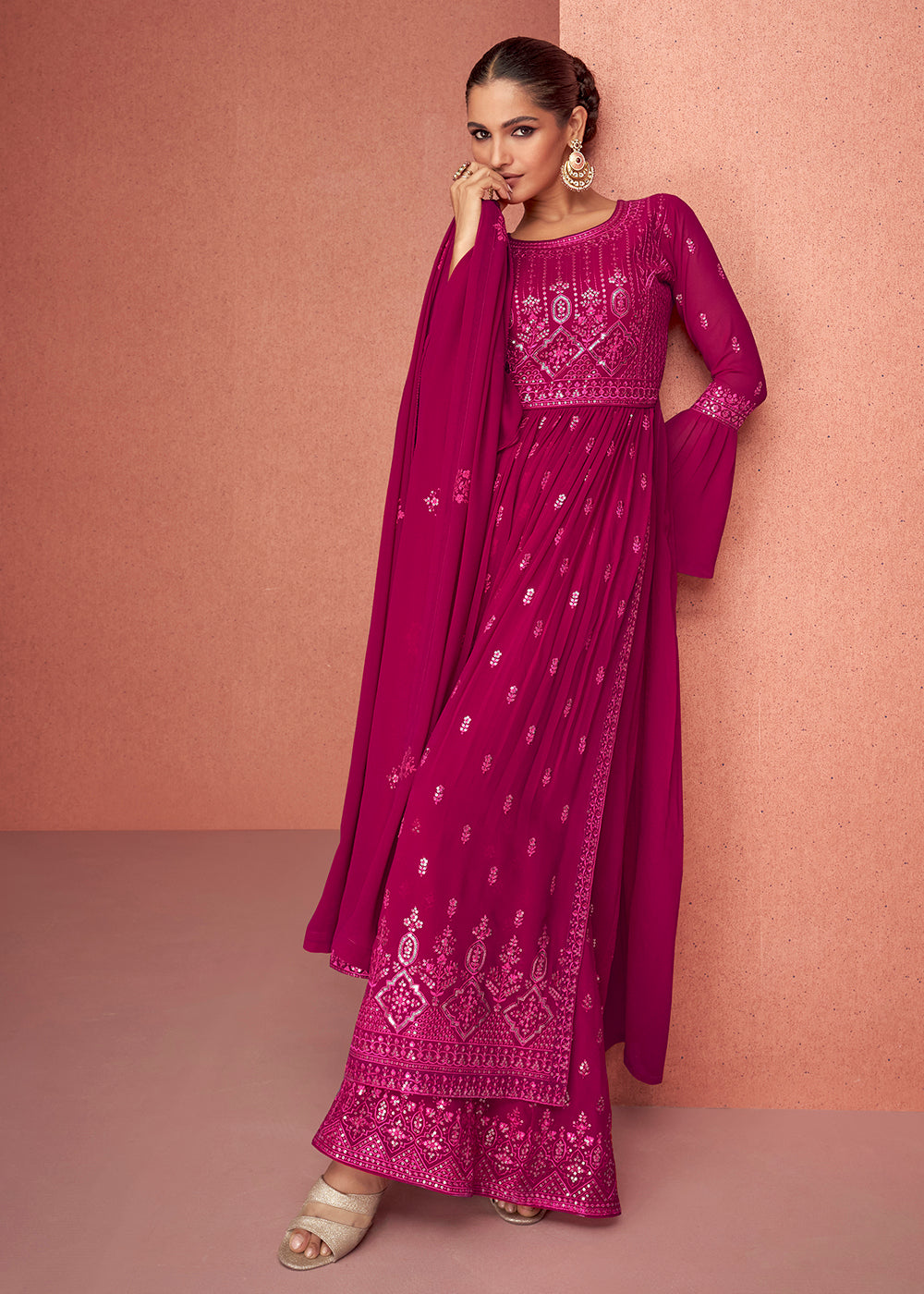Buy Now Hot Pink Anarkali Style Georgette Embellished Palazzo Salwar Suit Online in USA, UK, Canada & Worldwide at Empress Clothing.