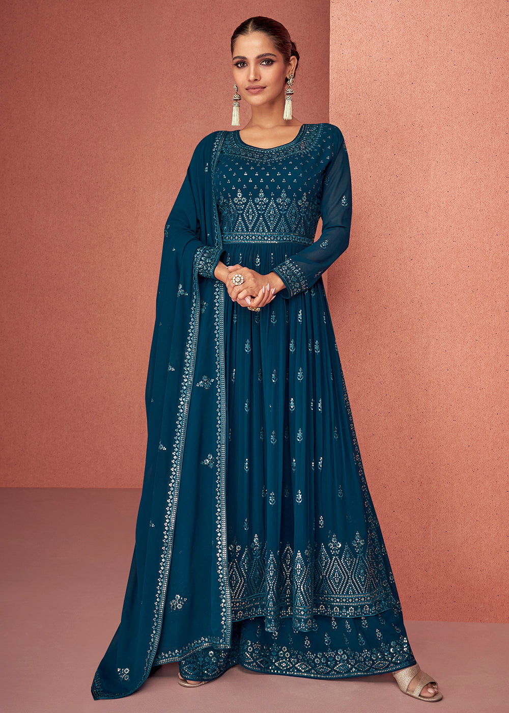 Buy Now Peacock Blue Anarkali Style Georgette Embellished Palazzo Salwar Suit Online in USA, UK, Canada & Worldwide at Empress Clothing. 