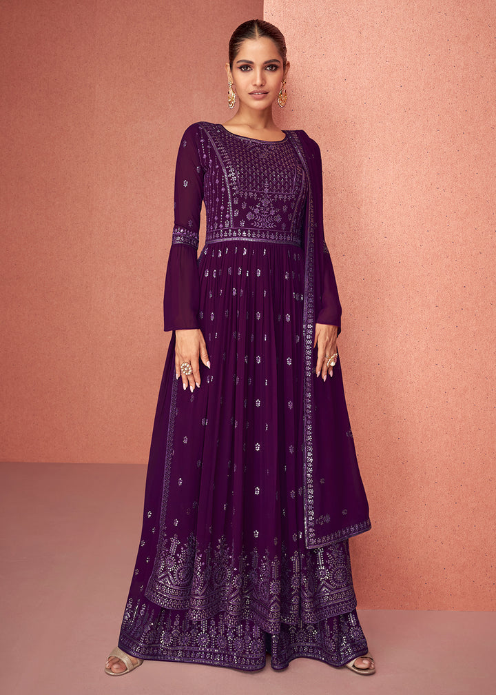 Buy Now Plum Purple Anarkali Style Georgette Embellished Palazzo Salwar Suit Online in USA, UK, Canada & Worldwide at Empress Clothing. 