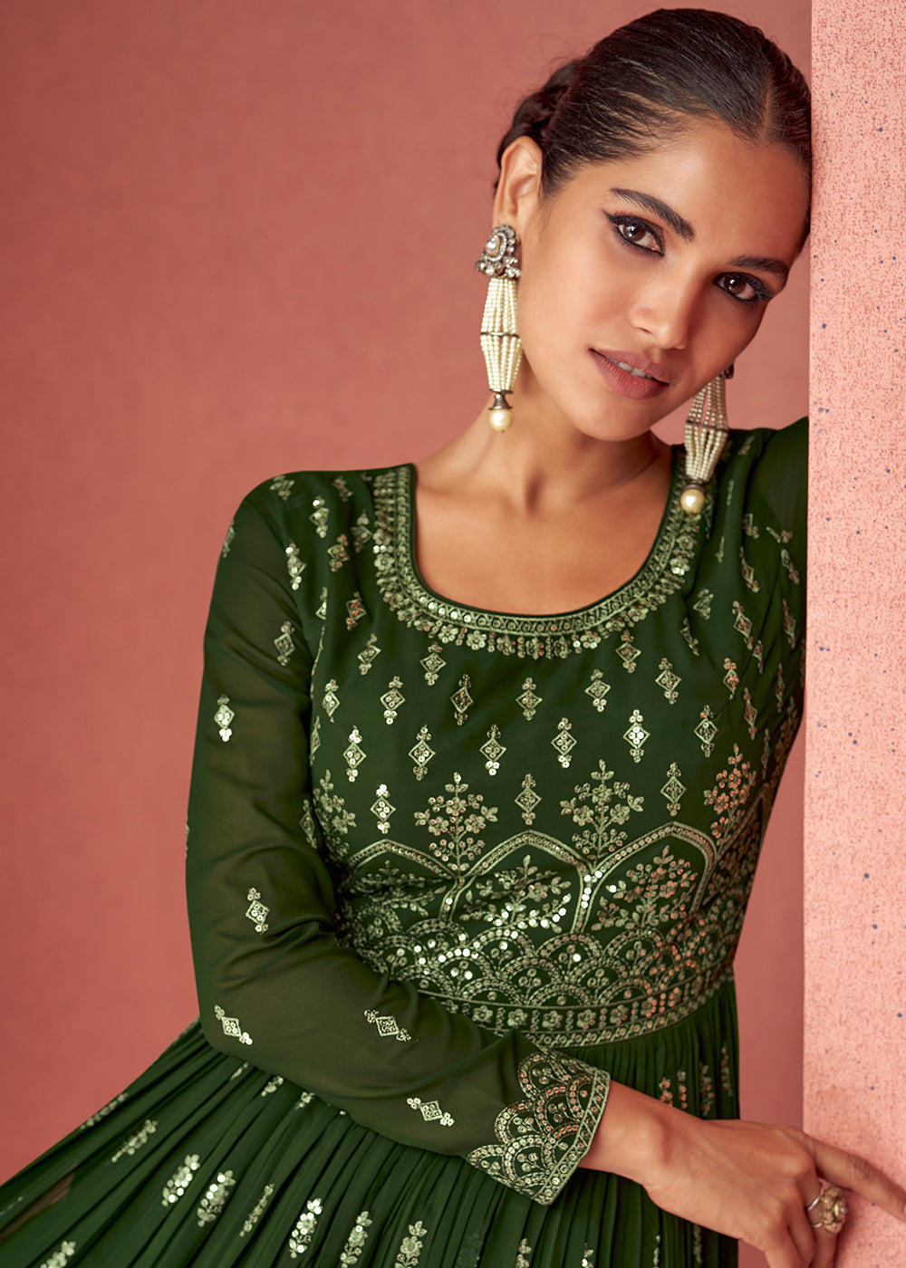 Buy Now Forest Green Anarkali Style Georgette Embellished Palazzo Salwar Suit Online in USA, UK, Canada & Worldwide at Empress Clothing. 