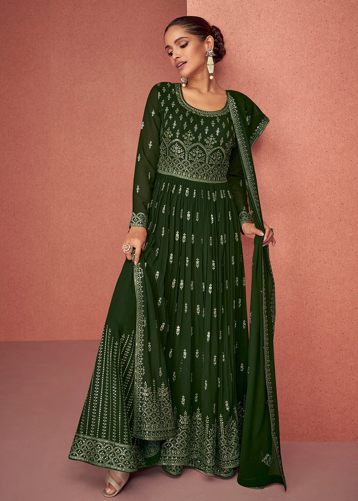 Buy Now Forest Green Anarkali Style Georgette Embellished Palazzo Salwar Suit Online in USA, UK, Canada & Worldwide at Empress Clothing. 