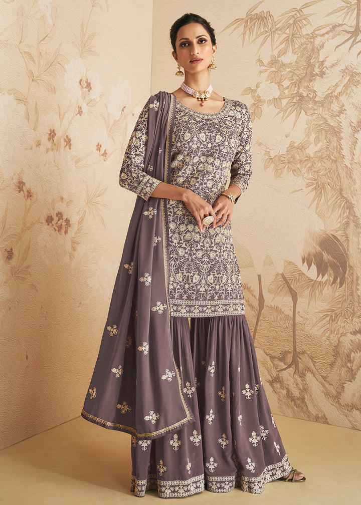 Shop Now Greyish Mauve Thread & Sequins Embroidered Designer Sharara Suit Online at Empress Clothing in USA, UK, Canada, Germany & Worldwide.
