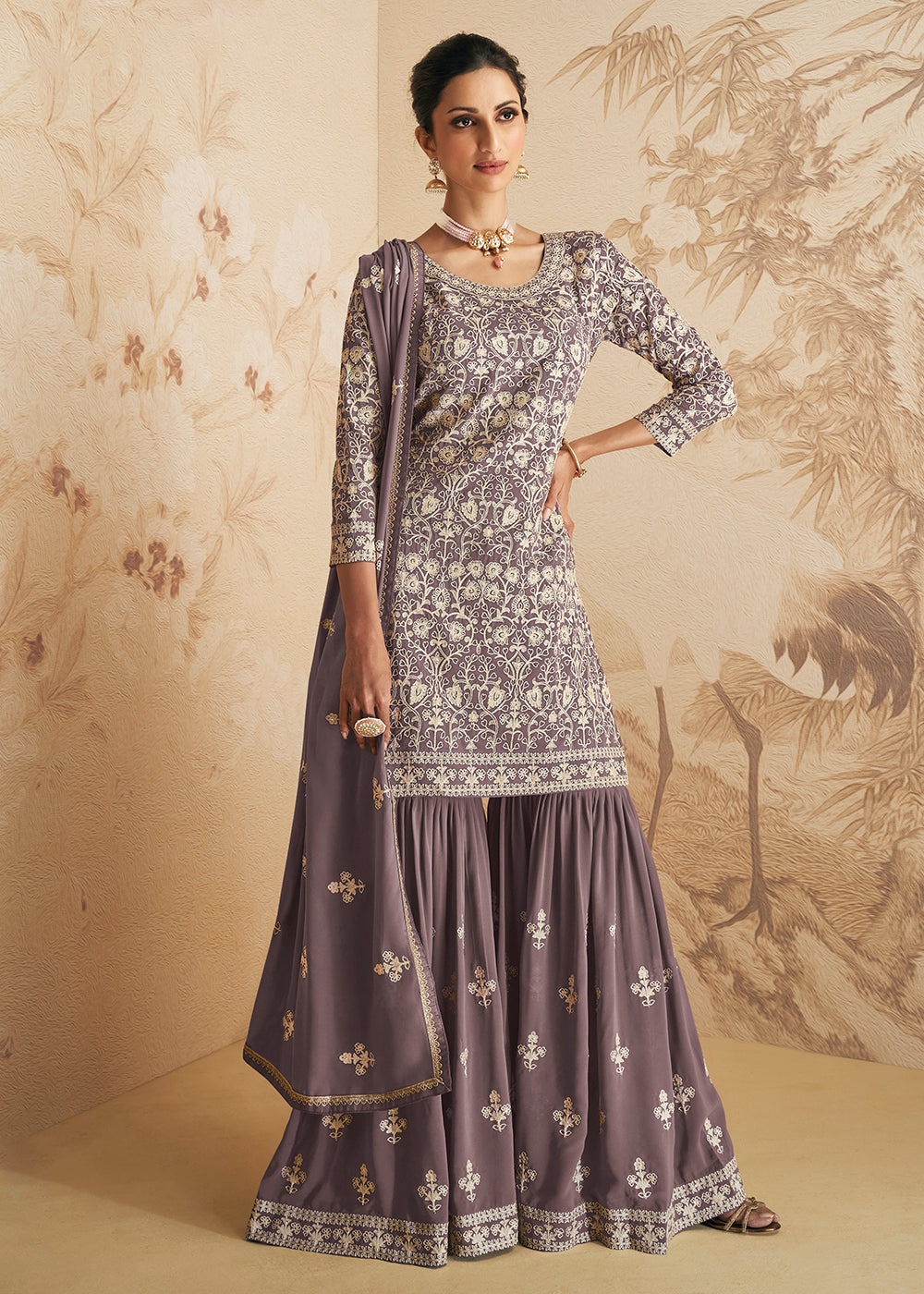 Shop Now Greyish Mauve Thread & Sequins Embroidered Designer Sharara Suit Online at Empress Clothing in USA, UK, Canada, Germany & Worldwide.