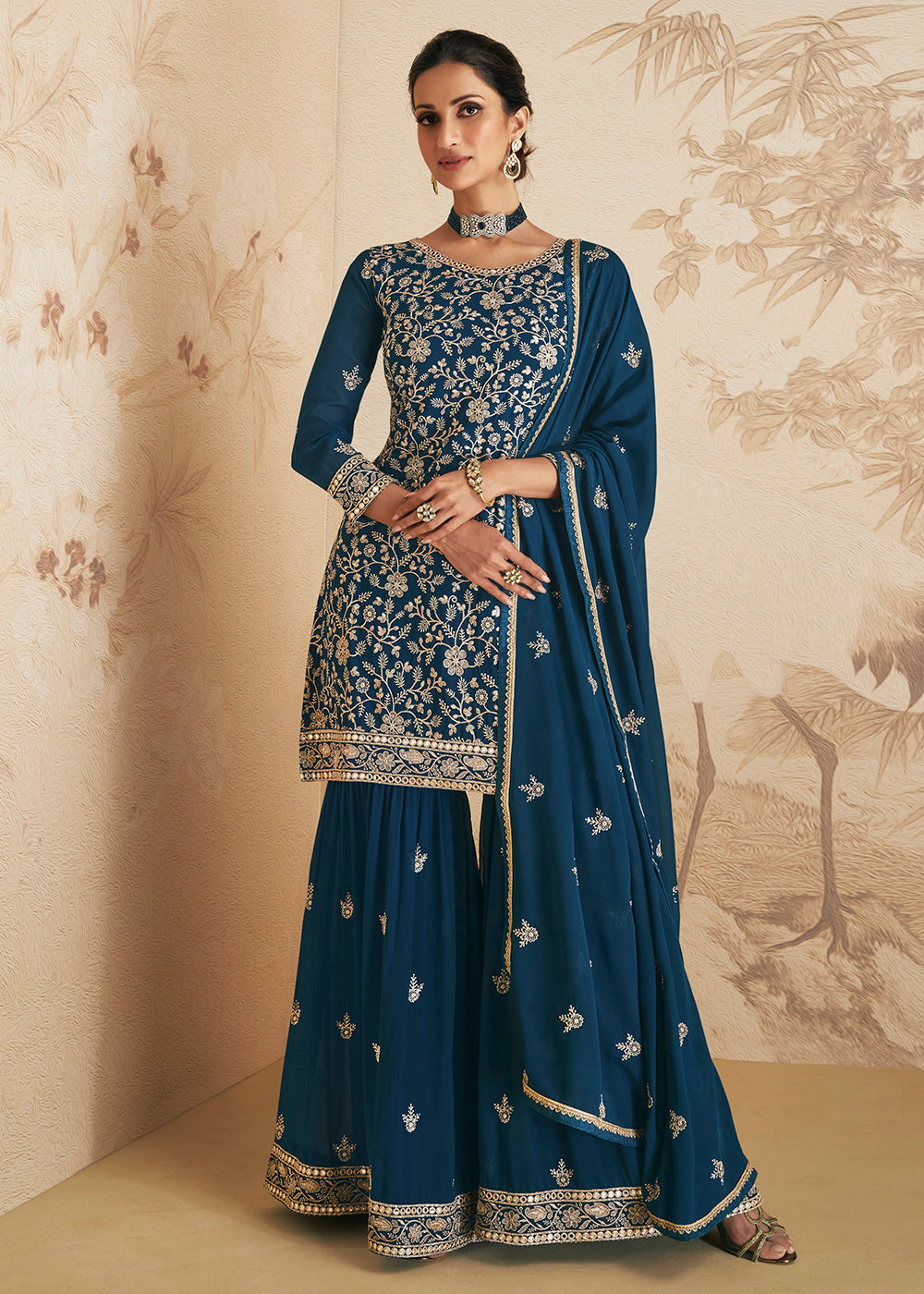Shop Now Teal Blue Thread & Sequins Embroidered Designer Sharara Suit Online at Empress Clothing in USA, UK, Canada, Germany & Worldwide. 