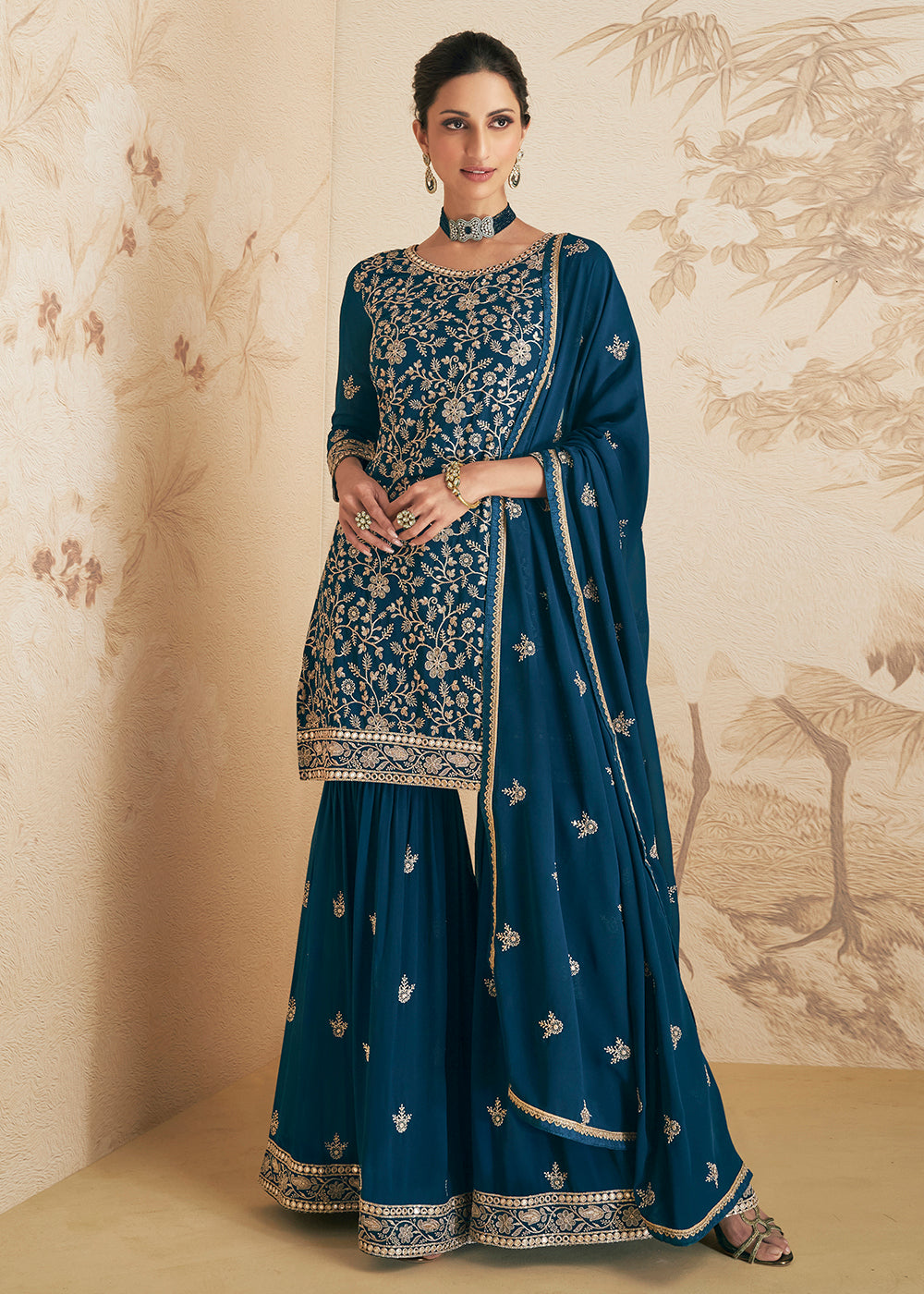 Shop Now Teal Blue Thread & Sequins Embroidered Designer Sharara Suit Online at Empress Clothing in USA, UK, Canada, Germany & Worldwide. 