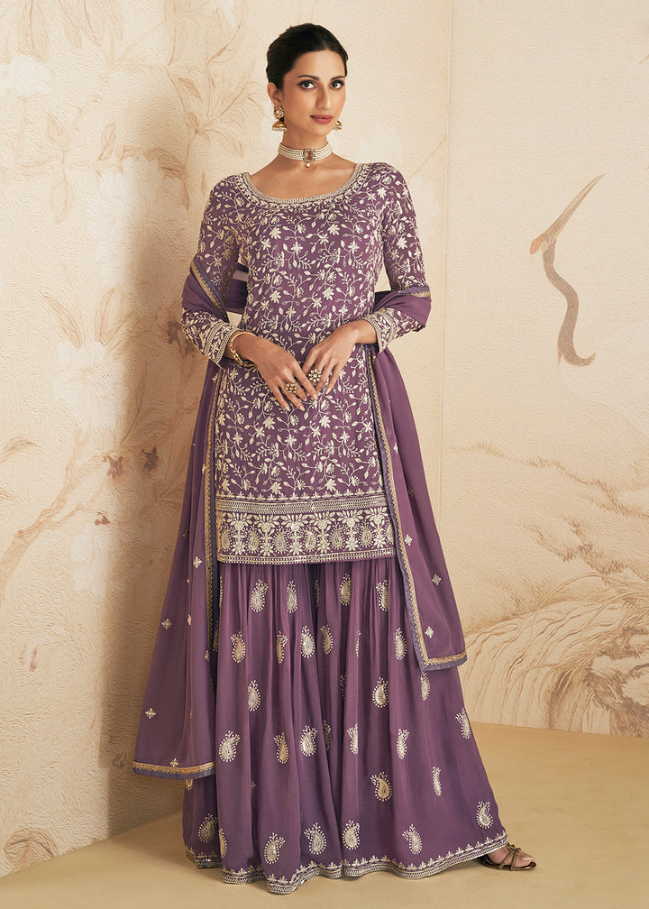 Shop Now Dusty Purple Thread & Sequins Embroidered Designer Sharara Suit Online at Empress Clothing in USA, UK, Canada, Germany & Worldwide. 