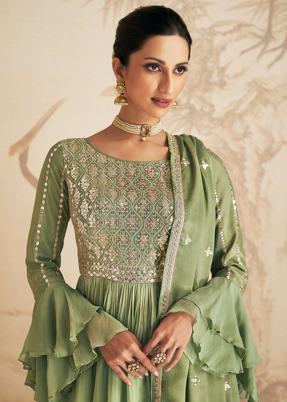 Shop Now Fern Green Thread & Sequins Embroidered Designer Sharara Suit Online at Empress Clothing in USA, UK, Canada, Germany & Worldwide. 