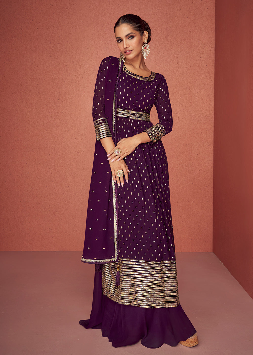 Buy Now Raisin Purple Anarkali Style Embroidered Palazzo Style Suit Online in USA, UK, Canada & Worldwide at Empress Clothing.