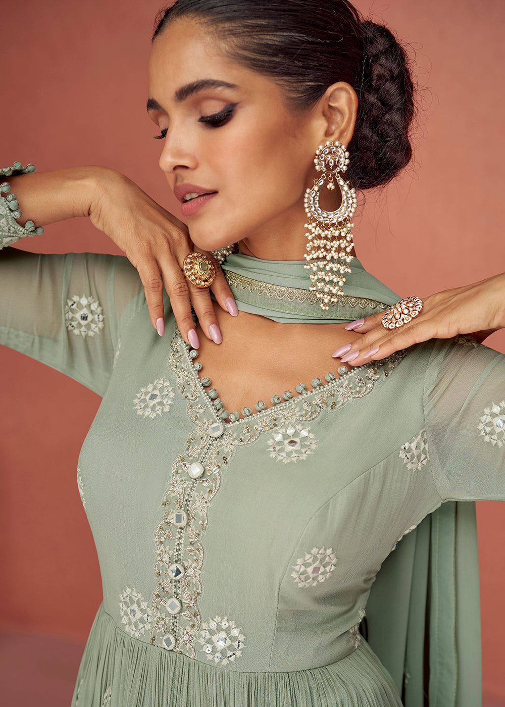 Buy Wedding Party Dress - Greyish Green Anarkali Style Palazzo Suit Empress Clothing Buy Wedding Party Dress - Greyish Green Anarkali Style Palazzo Suit Empress Clothing