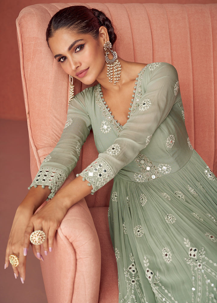 Buy Now Greyish Green Anarkali Style Embroidered Palazzo Style Suit Online in USA, UK, Canada & Worldwide at Empress Clothing.