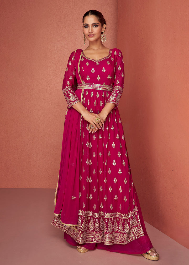 Buy Now Rani Pink Anarkali Style Embroidered Palazzo Style Suit Online in USA, UK, Canada & Worldwide at Empress Clothing. 