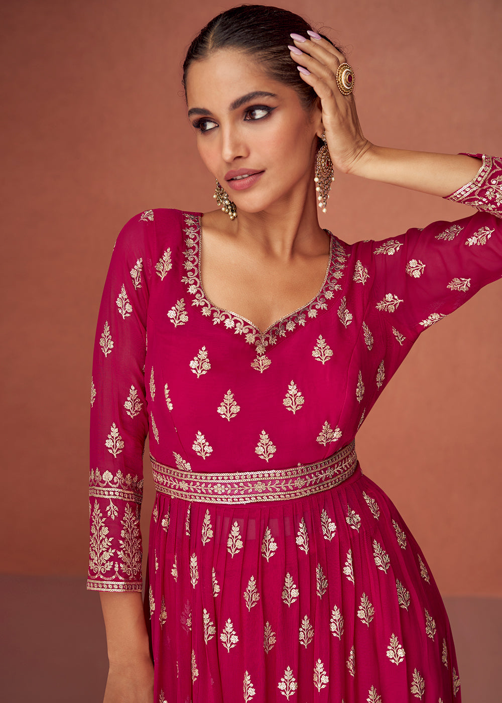 Buy Now Rani Pink Anarkali Style Embroidered Palazzo Style Suit Online in USA, UK, Canada & Worldwide at Empress Clothing. 