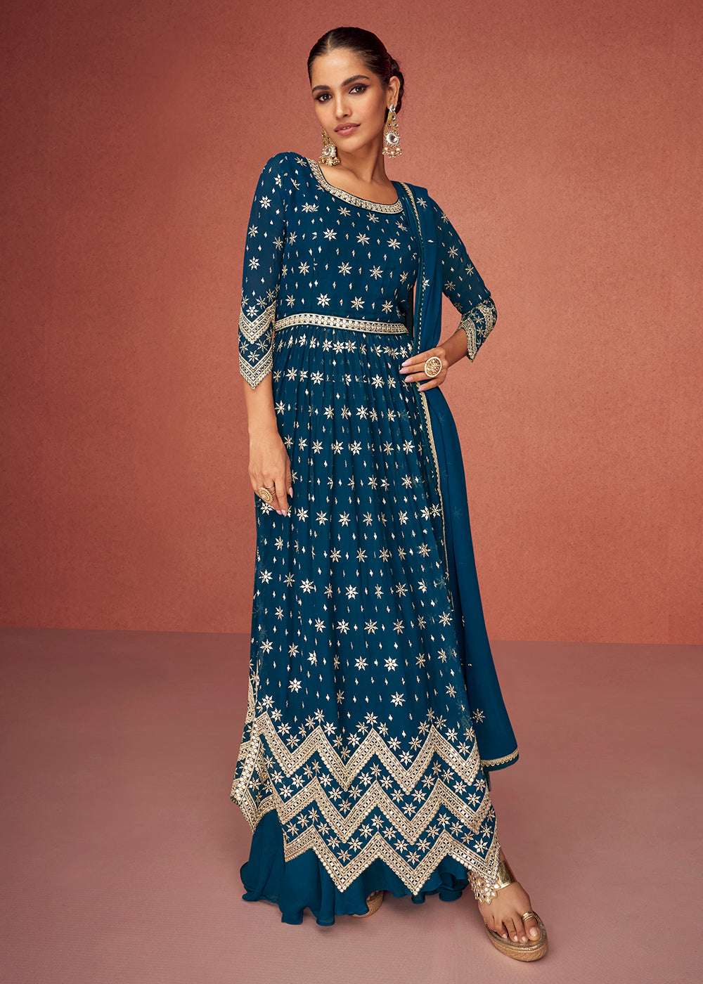 Buy Now Prussian Blue Anarkali Style Embroidered Palazzo Style Suit Online in USA, UK, Canada & Worldwide at Empress Clothing.