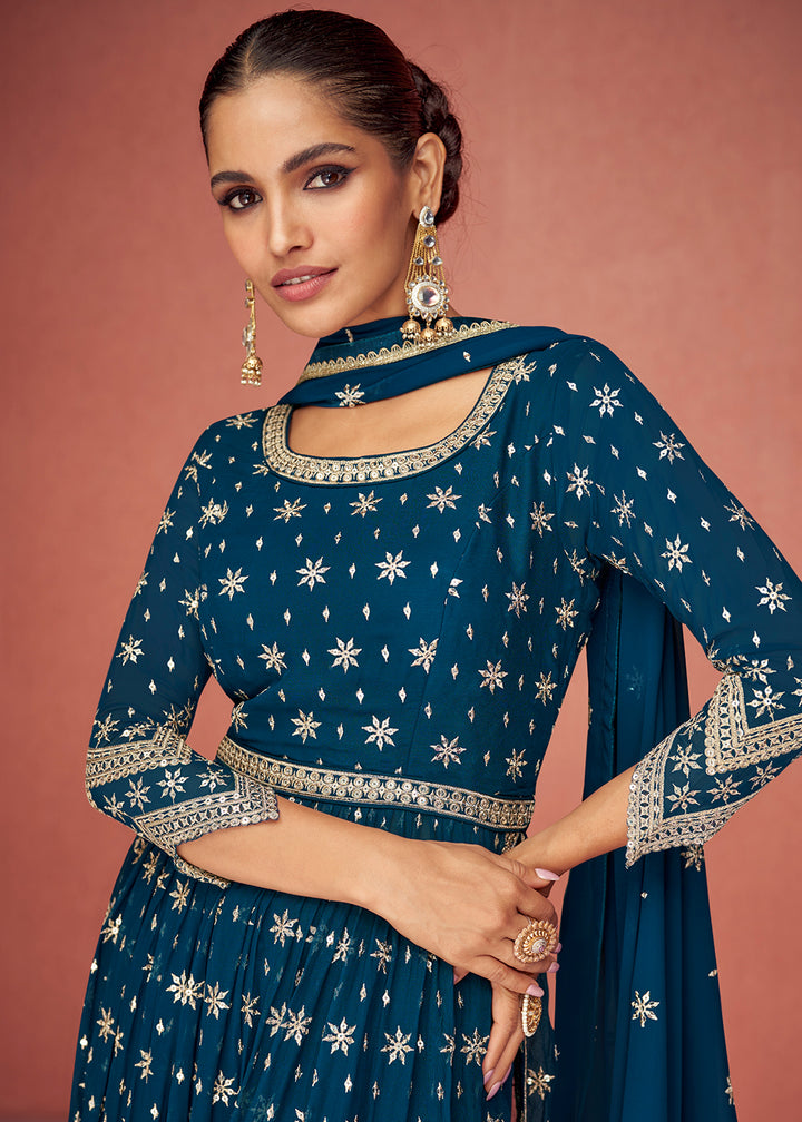 Buy Now Prussian Blue Anarkali Style Embroidered Palazzo Style Suit Online in USA, UK, Canada & Worldwide at Empress Clothing.