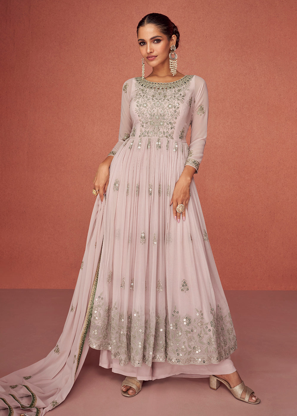 Buy Now Pastel Mauve Anarkali Style Embroidered Palazzo Style Suit Online in USA, UK, Canada & Worldwide at Empress Clothing