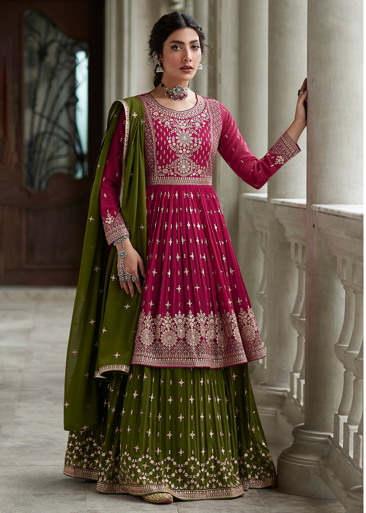 Buy Now Marvelous Pink & Green Sharara Top Style Lehenga Anarkali Online in USA, UK, Australia, New Zealand, Canada & Worldwide at Empress Clothing.