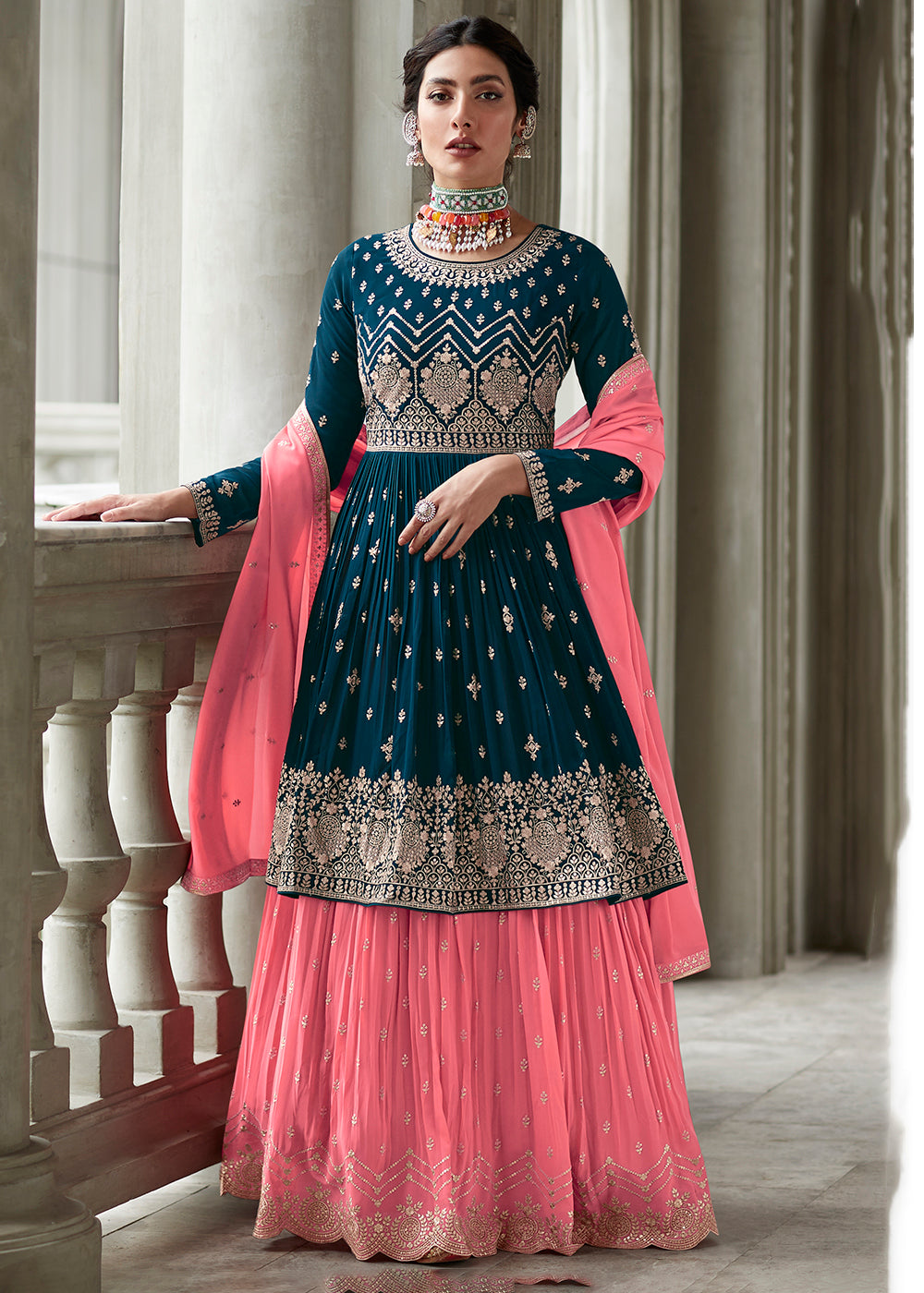 Buy Now Charming Blue & Pink Sharara Top Style Lehenga Anarkali Online in USA, UK, Australia, New Zealand, Canada & Worldwide at Empress Clothing.