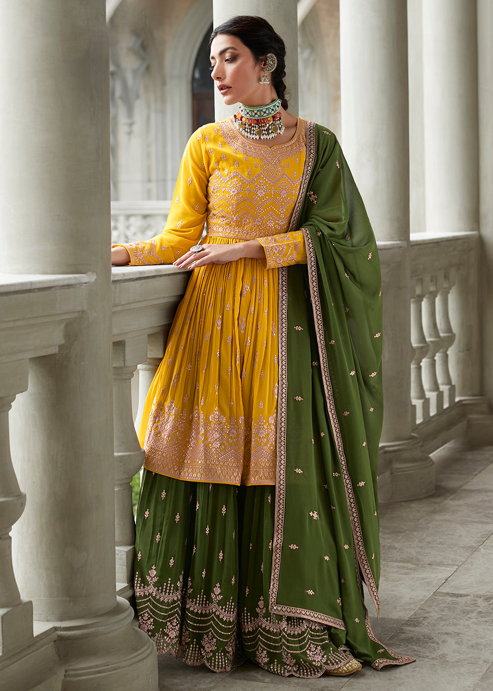 Excellent Yellow & Green Sharara Top Style Lehenga Anarkali Excellent Yellow & Green Sharara Top Style Lehenga Anarkali