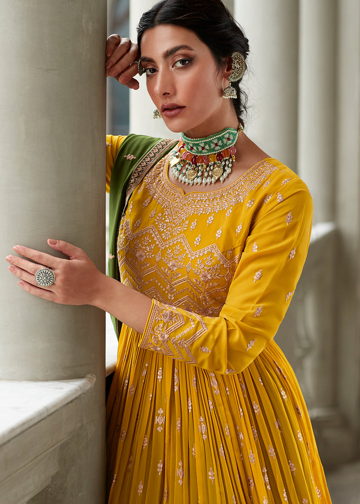 Buy Now Excellent Yellow & GreenSharara Top Style Lehenga Anarkali Online in USA, UK, Australia, New Zealand, Canada & Worldwide at Empress Clothing.