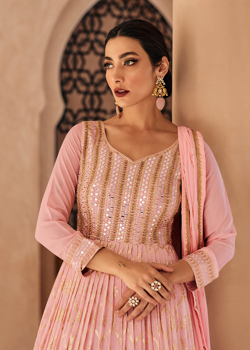 Buy Now Lovely Light Pink Georgette Traditional Wedding Anarkali Suit Online in USA, UK, Australia, New Zealand, Canada & Worldwide at Empress Clothing.