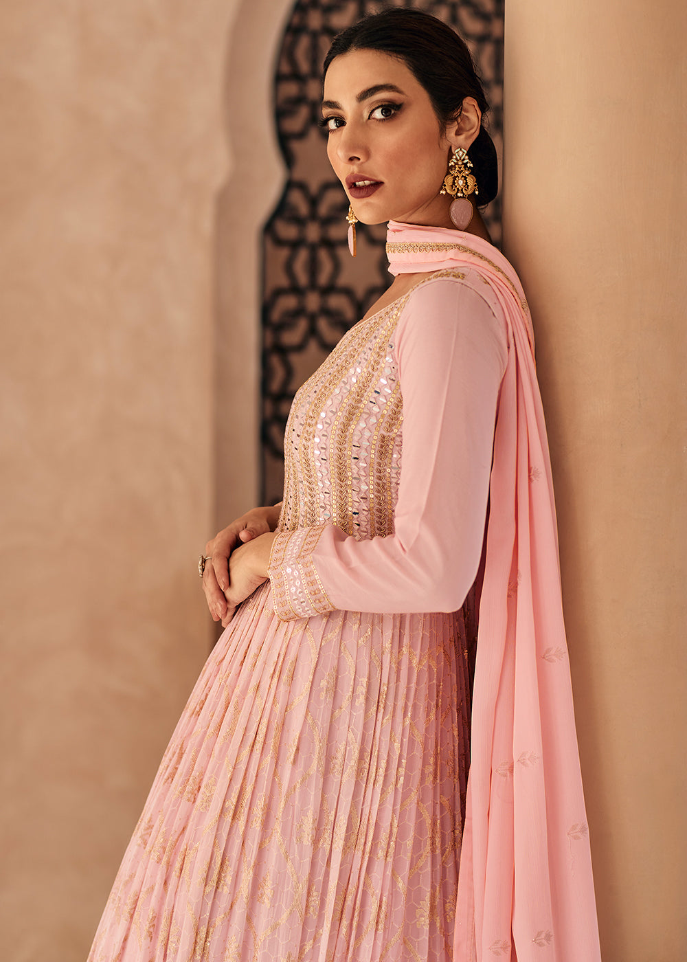 Buy Now Lovely Light Pink Georgette Traditional Wedding Anarkali Suit Online in USA, UK, Australia, New Zealand, Canada & Worldwide at Empress Clothing.