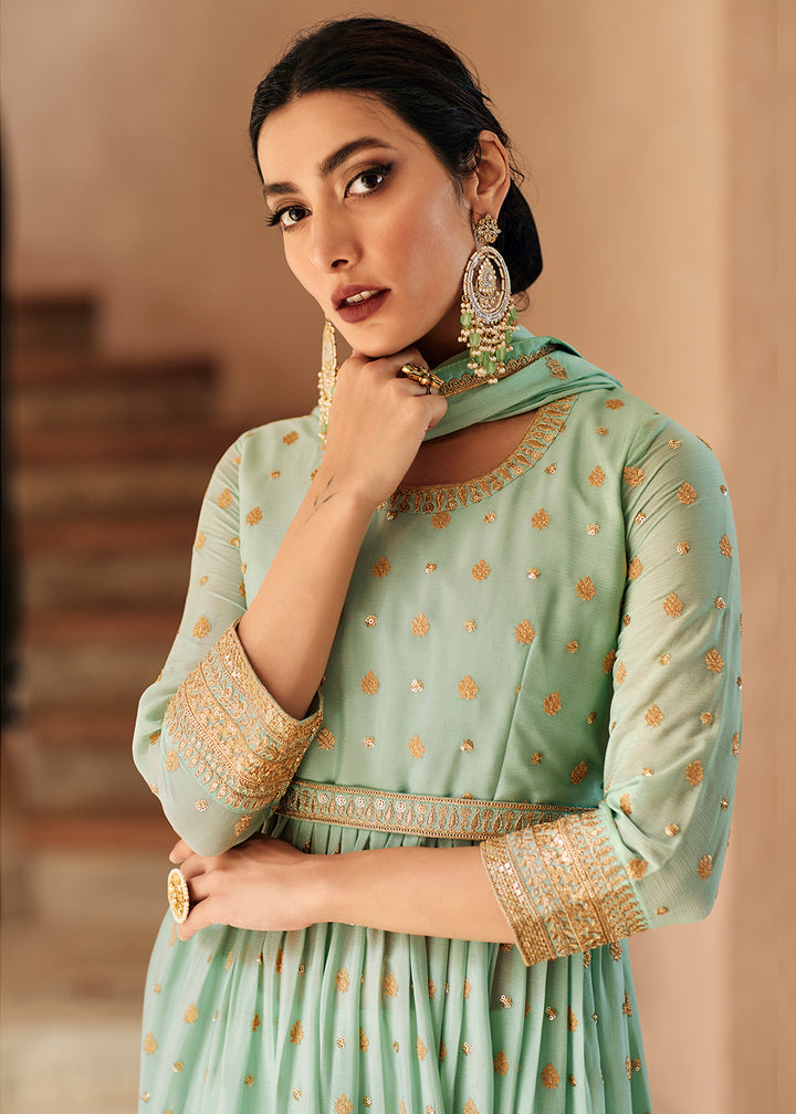 Buy Now Mint Green Anarkali Style Embroidered Palazzo Style Suit Online in USA, UK, Canada & Worldwide at Empress Clothing.