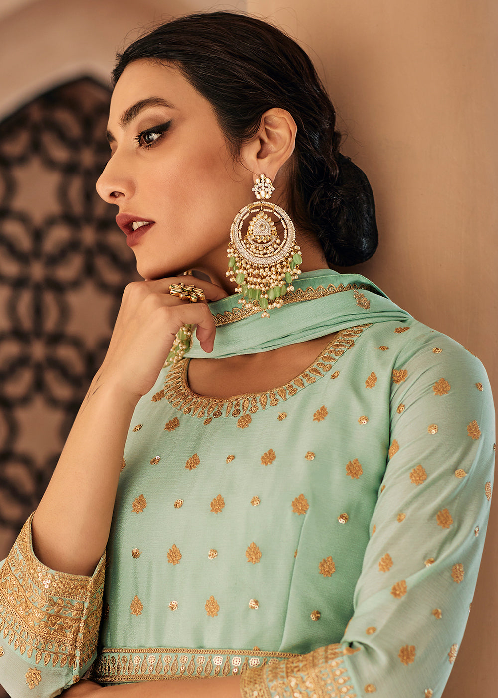 Buy Now Mint Green Anarkali Style Embroidered Palazzo Style Suit Online in USA, UK, Canada & Worldwide at Empress Clothing.