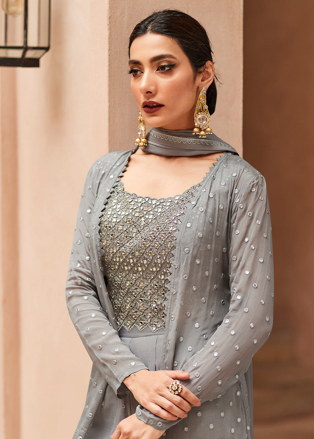 Buy Now Incredible Grey Jacket Style Gharara Style Palazzo Suit Online in USA, UK, Canada & Worldwide at Empress Clothing. 